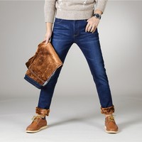 Zima termiczna ciepłe flanelowe jeansy ze streczem męskie zimowa wysokiej jakości znane marki spodnie polarowe męskie proste uciekają spodnie Jean mężczyzna 2